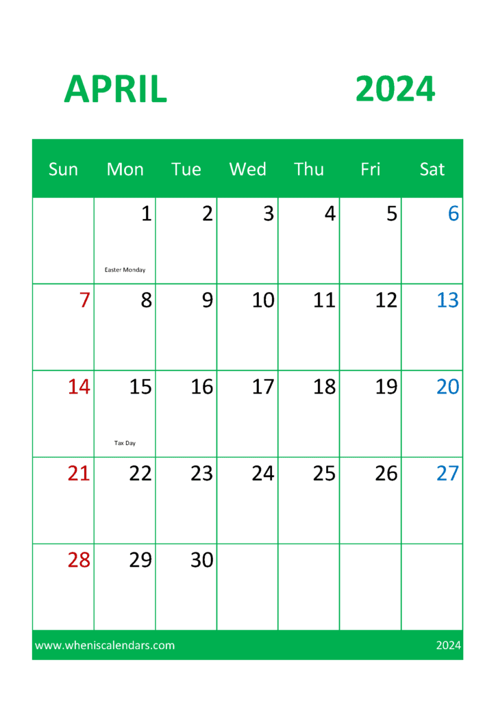 Blank April 2024 Calendar page A44326