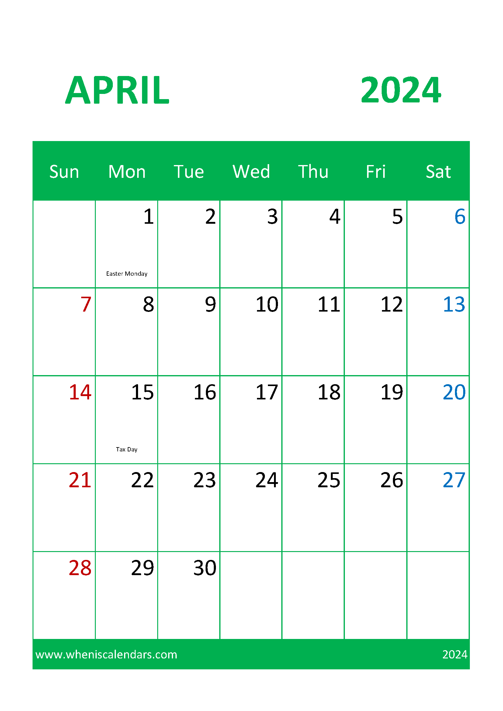 Blank April 2024 Calendar page Monthly Calendar