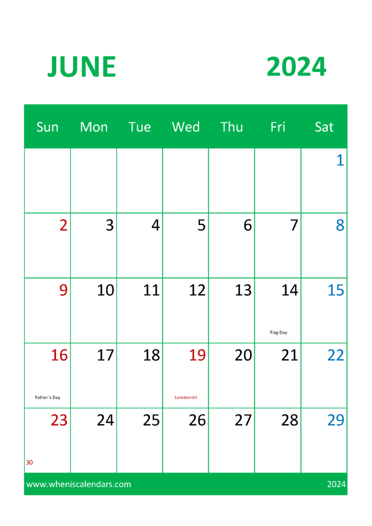 Blank June 2024 Calendar page J64326