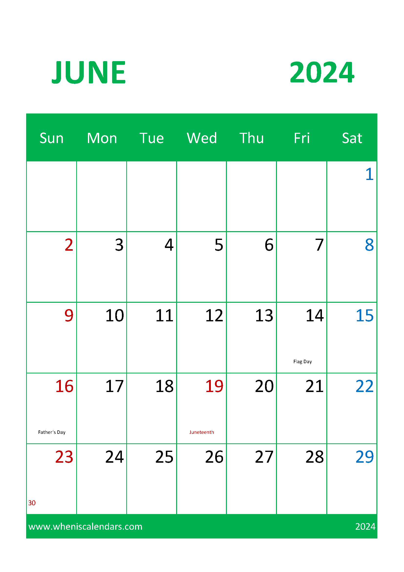 Blank June 2024 Calendar page Monthly Calendar