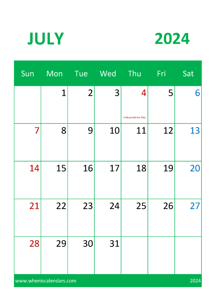 Download Blank July 2024 Calendar page A4 Vertical J74326