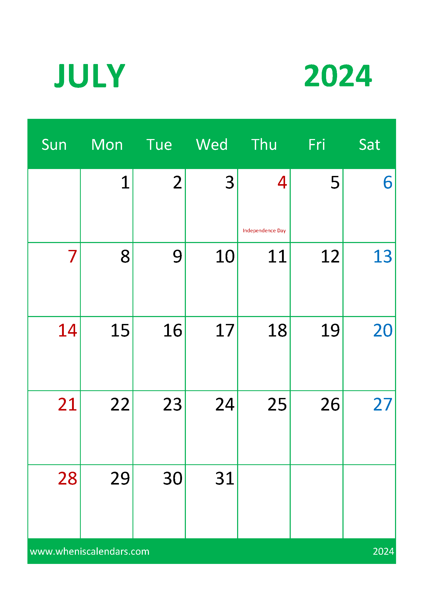 Blank July 2024 Calendar page Monthly Calendar