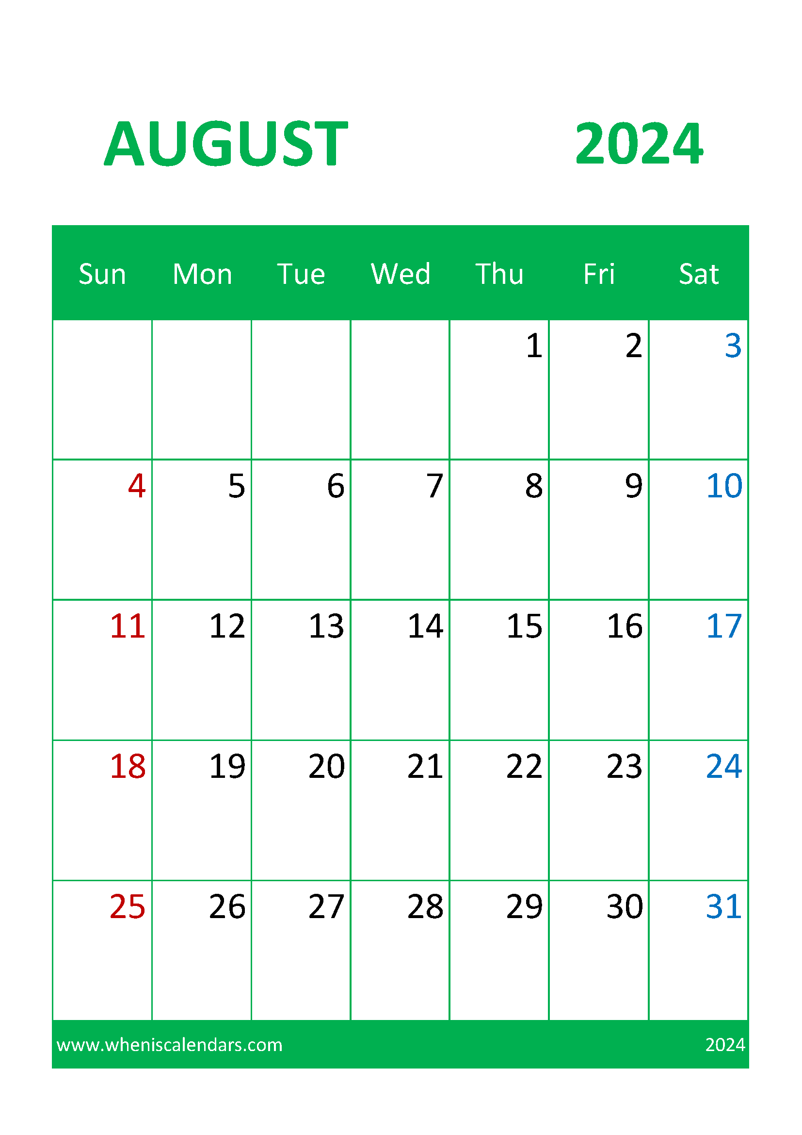 Blank August 2024 Calendar page Monthly Calendar