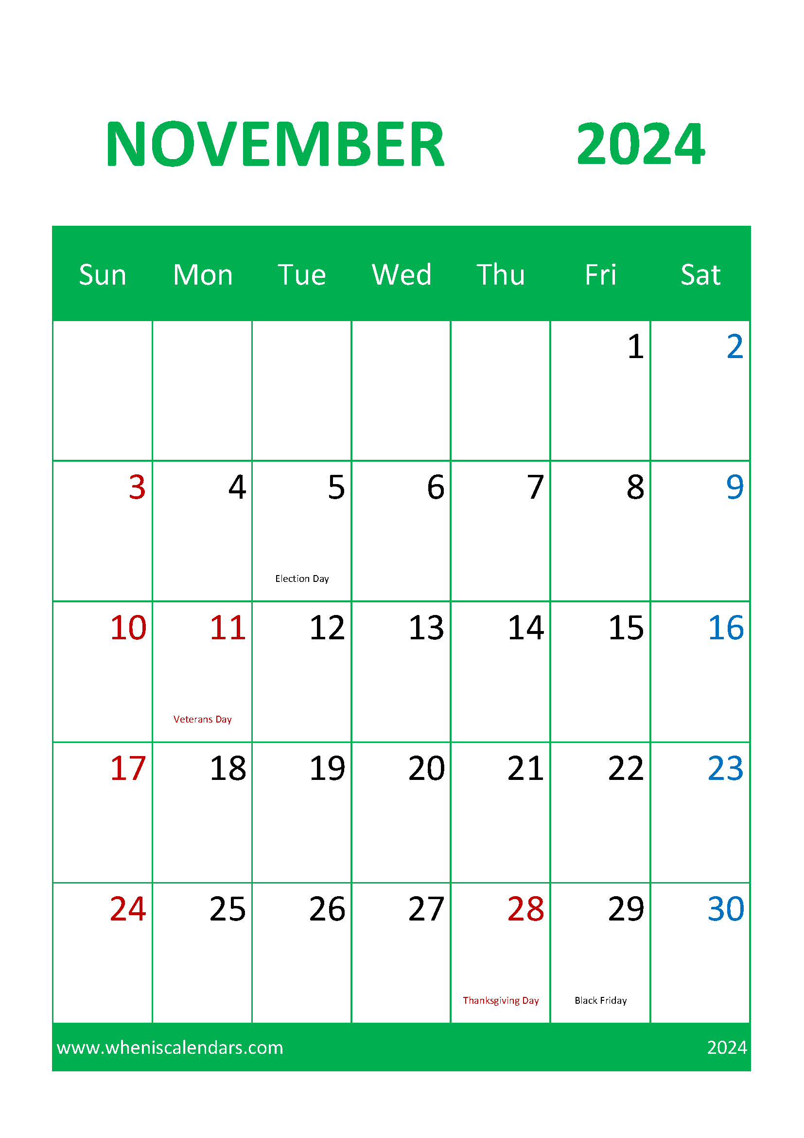 Blank November 2024 Calendar page Monthly Calendar