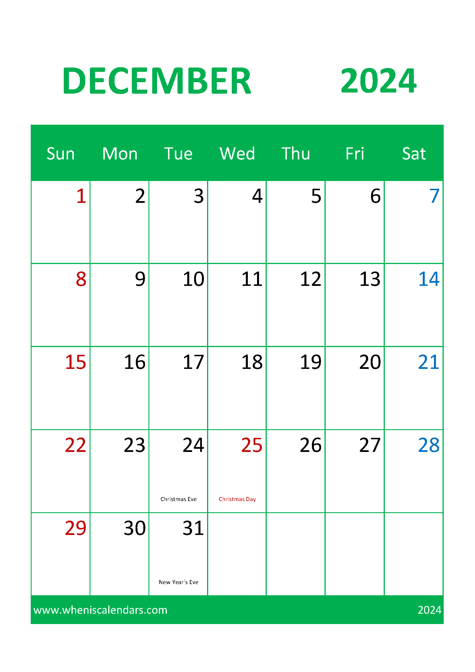 Blank December 2024 Calendar page Monthly Calendar