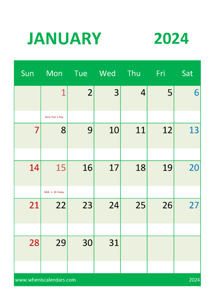 Free Printable January 2024 Calendar with Holidays Monthly Calendar