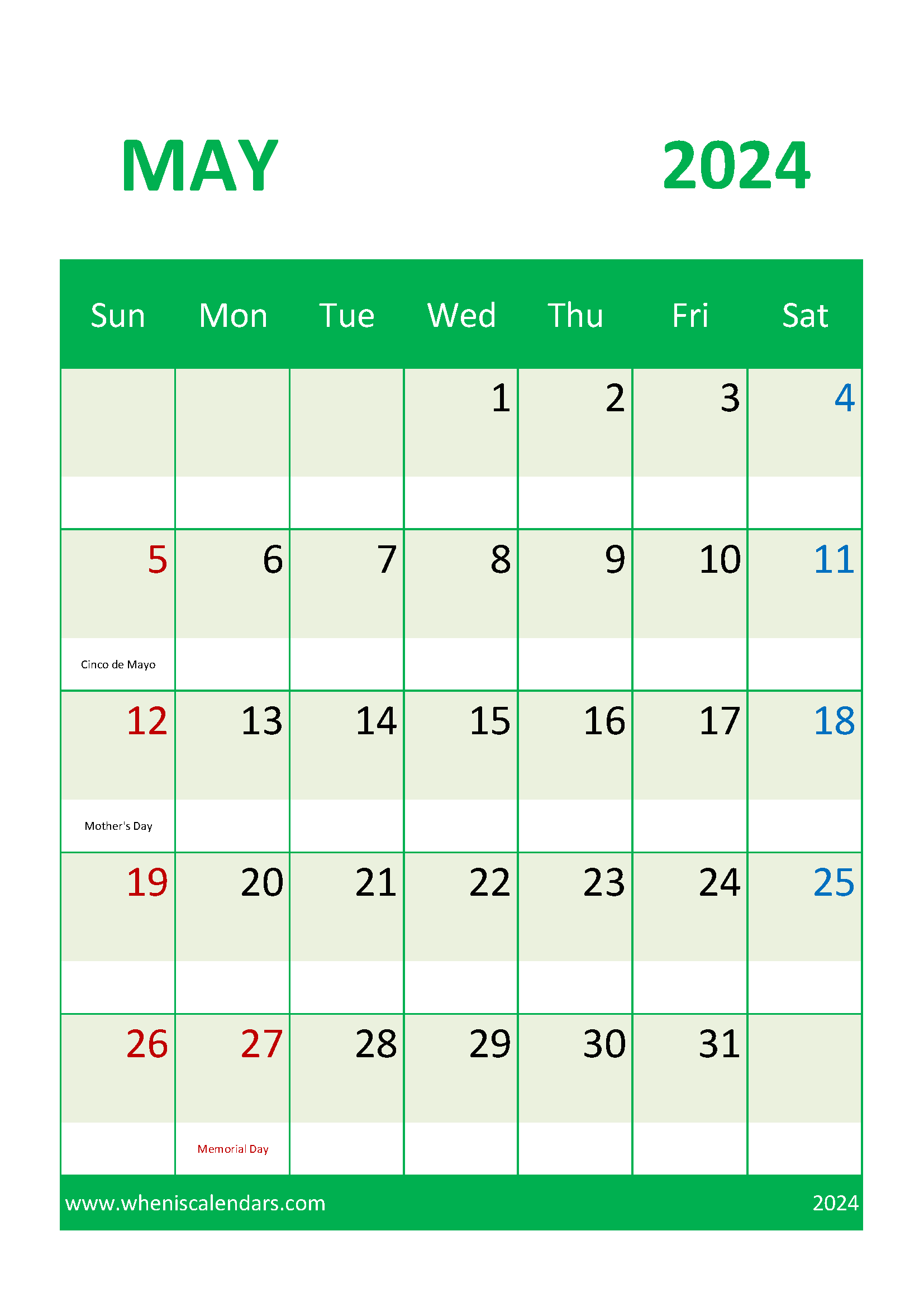 Free Printable May 2024 Monthly Calendar