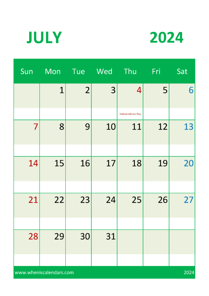 Free Printable July 2024 Calendar with Holidays J74047