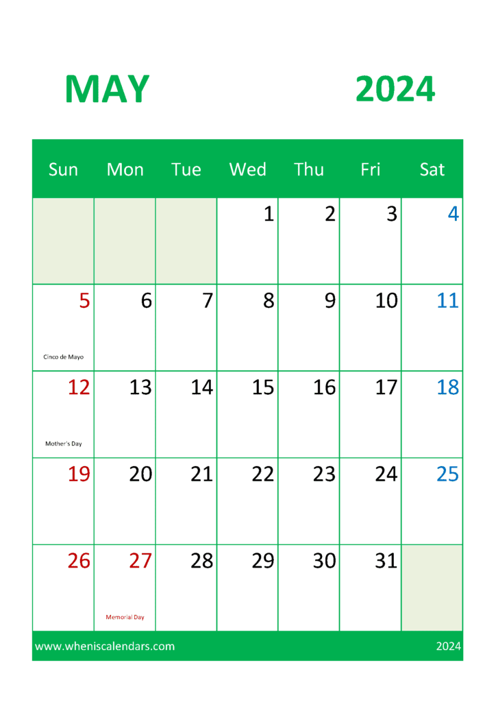May Calendar printable 2024 M54048