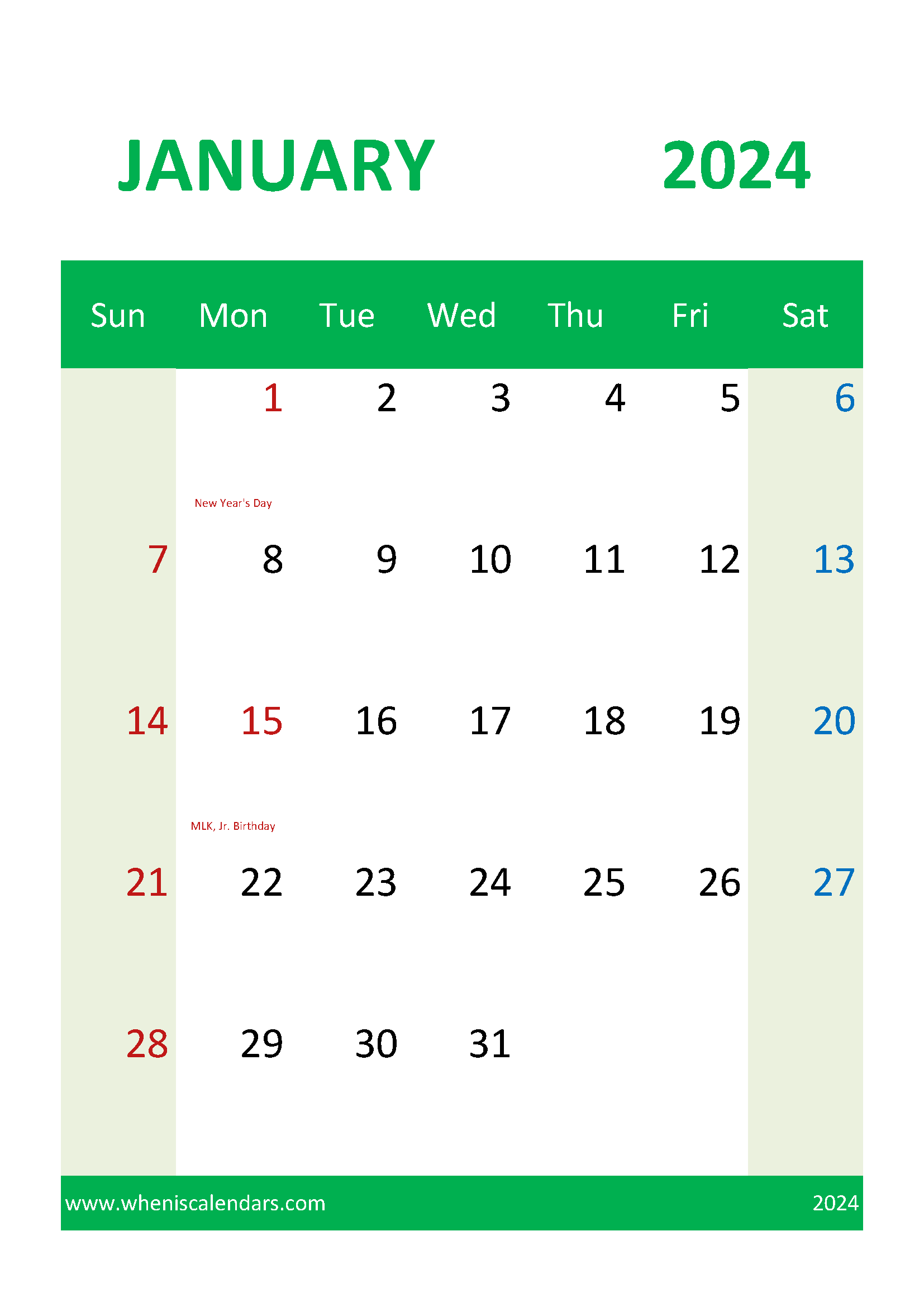 Printable monthly January Calendar 2024 Monthly Calendar