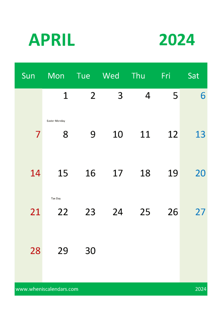 printable monthly April Calendar 2024 A44330