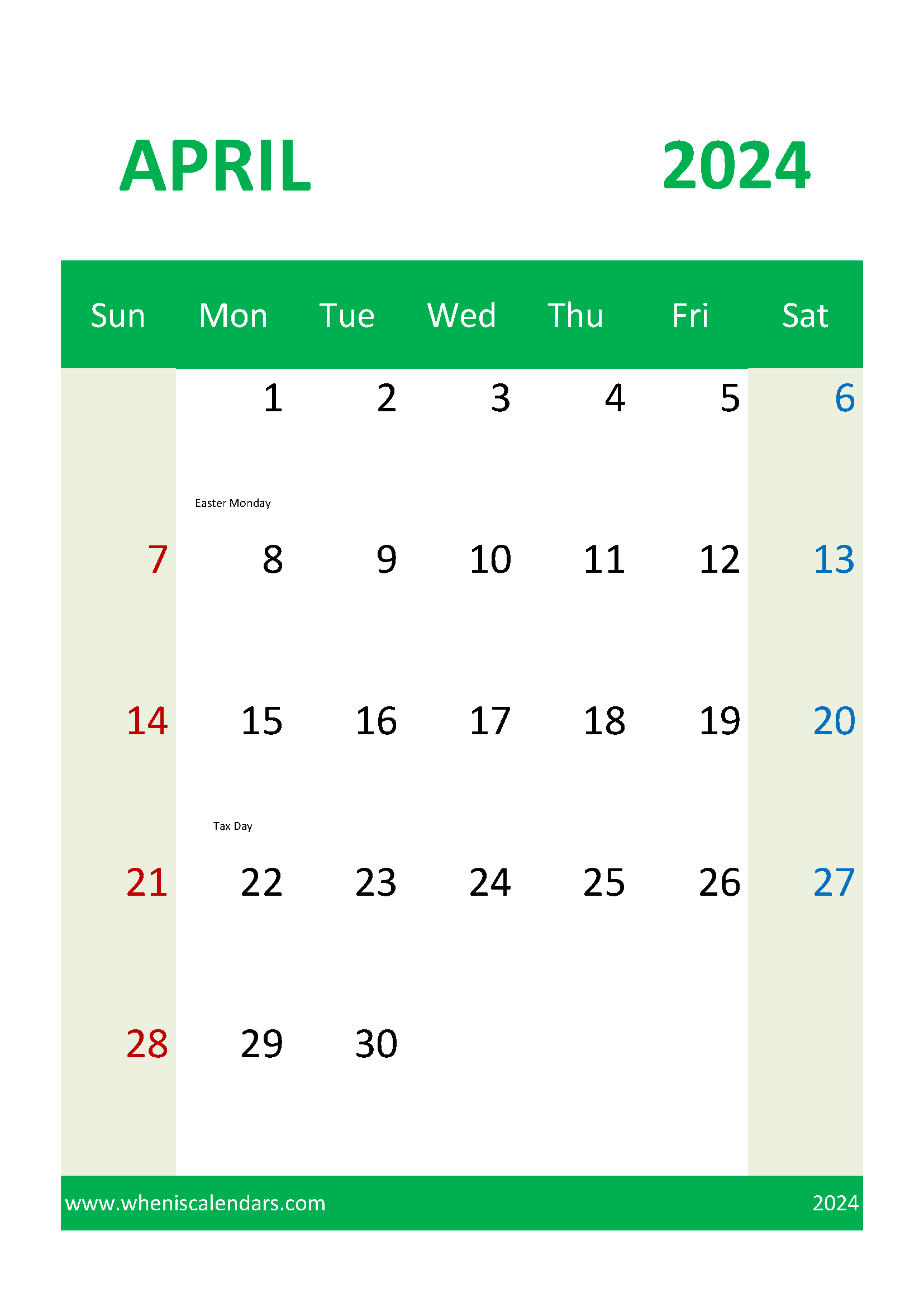 Printable monthly April Calendar 2024 Monthly Calendar