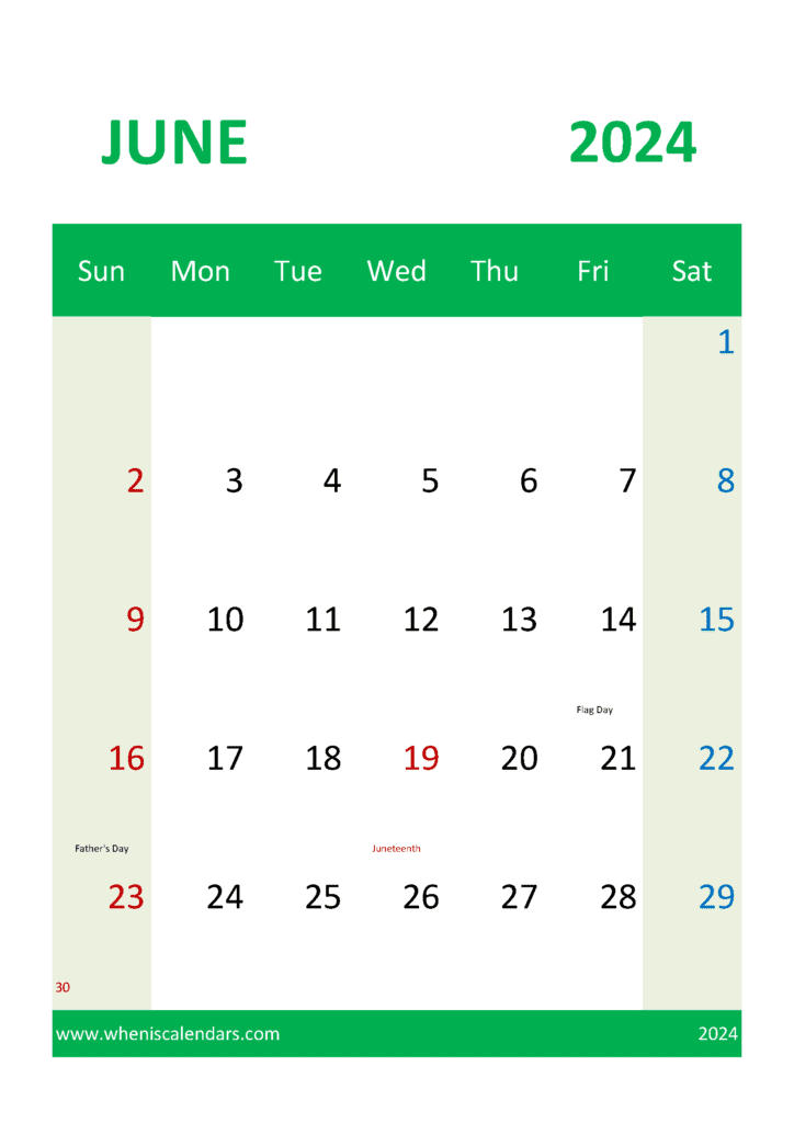 Printable monthly June Calendar 2024 J64330