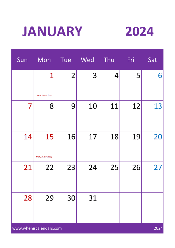 2024 January month Calendar Printable Monthly Calendar
