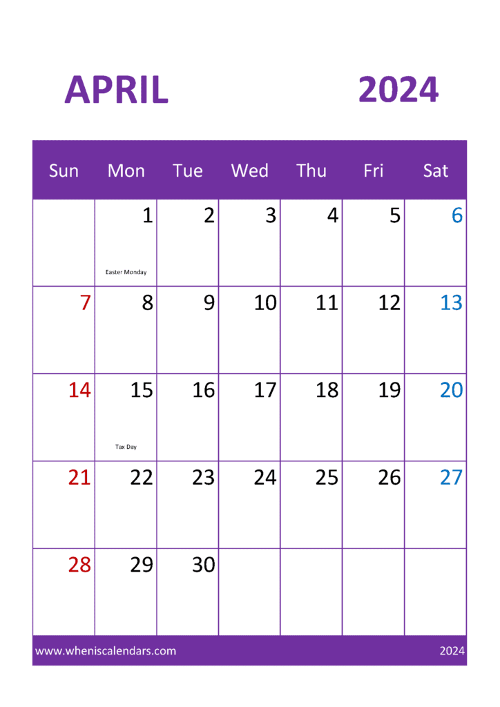 2024 April month Calendar printable A44331