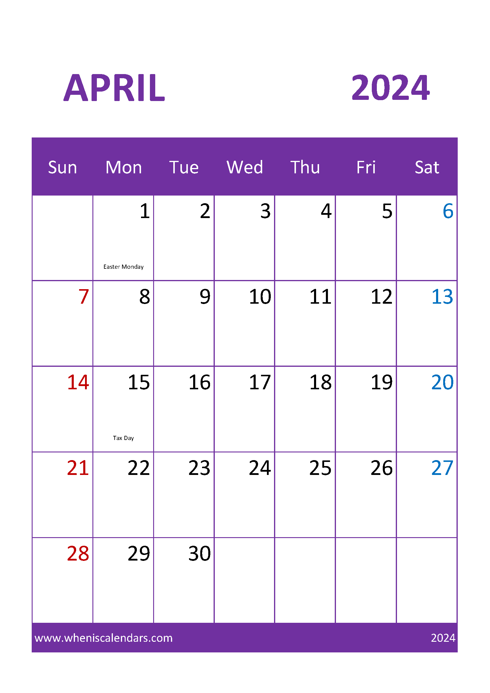 2024 April month Calendar Printable Monthly Calendar