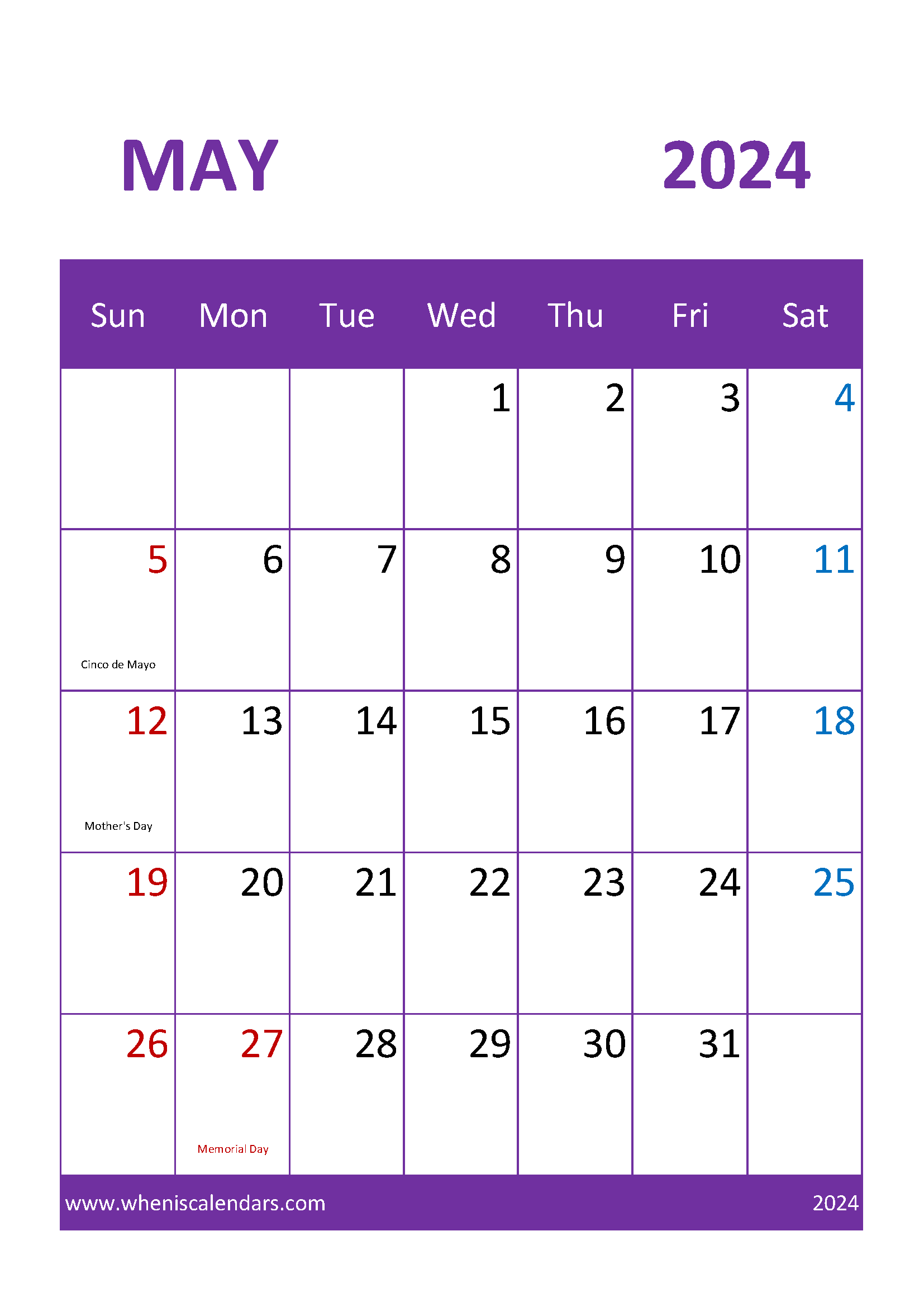 2024 May month Calendar Printable Monthly Calendar