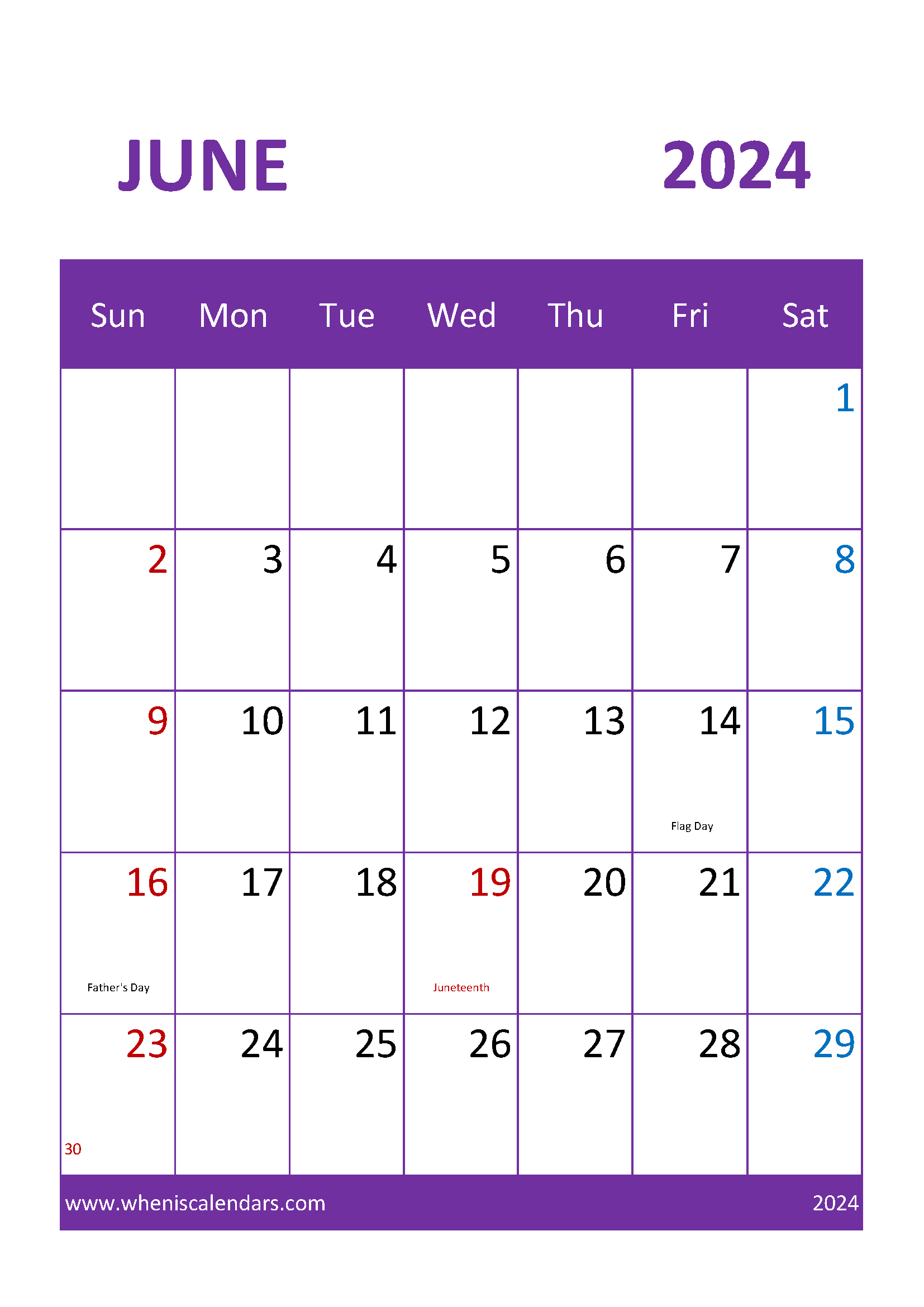 2024 June month Calendar Printable Monthly Calendar