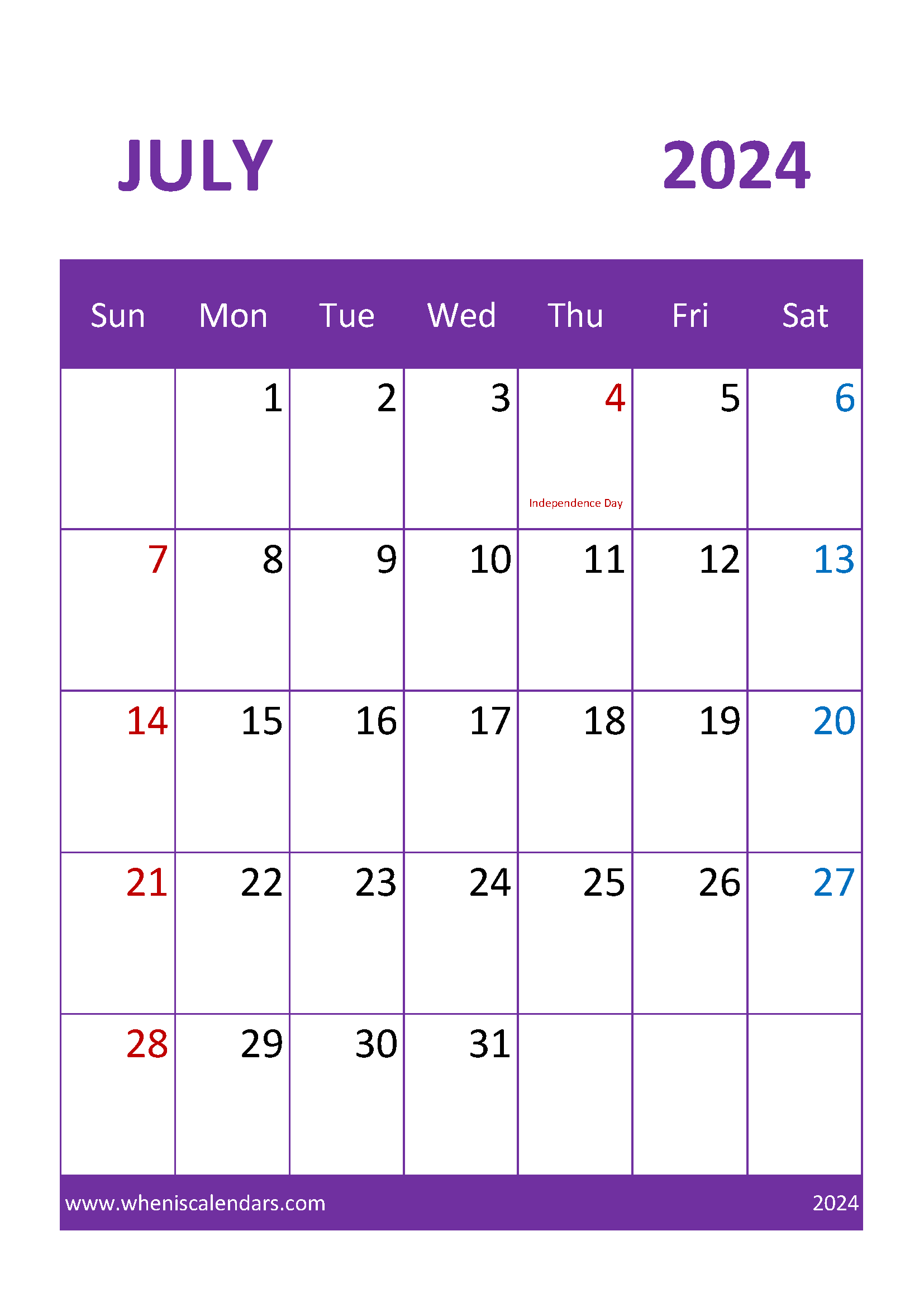 2024 July month Calendar Printable Monthly Calendar