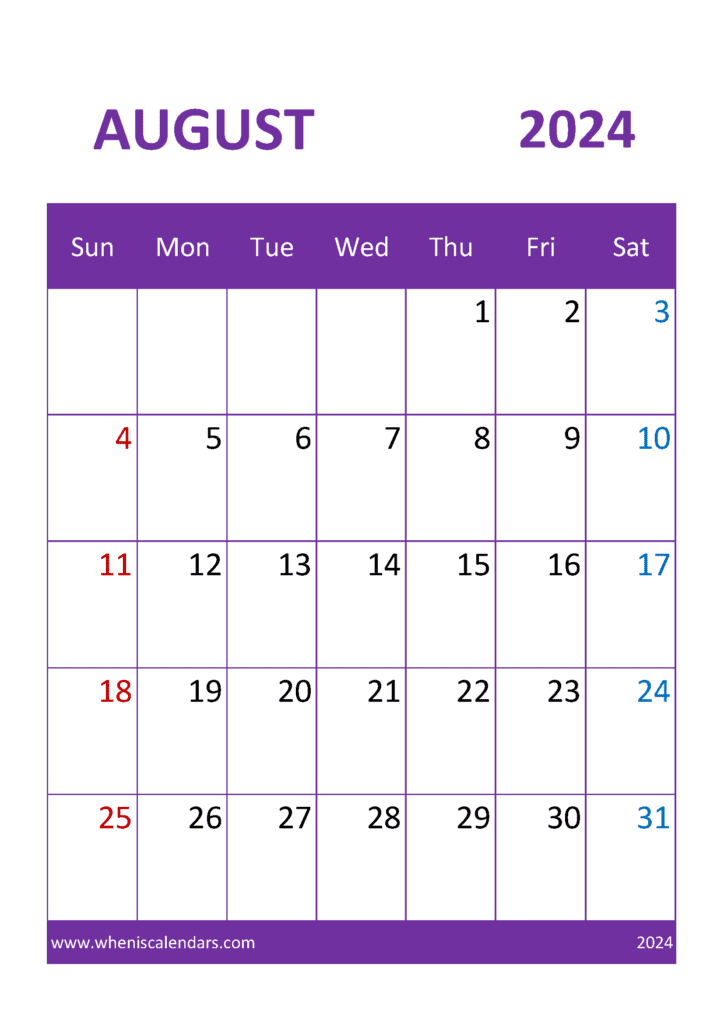 August 2024 Template Monthly Calendar
