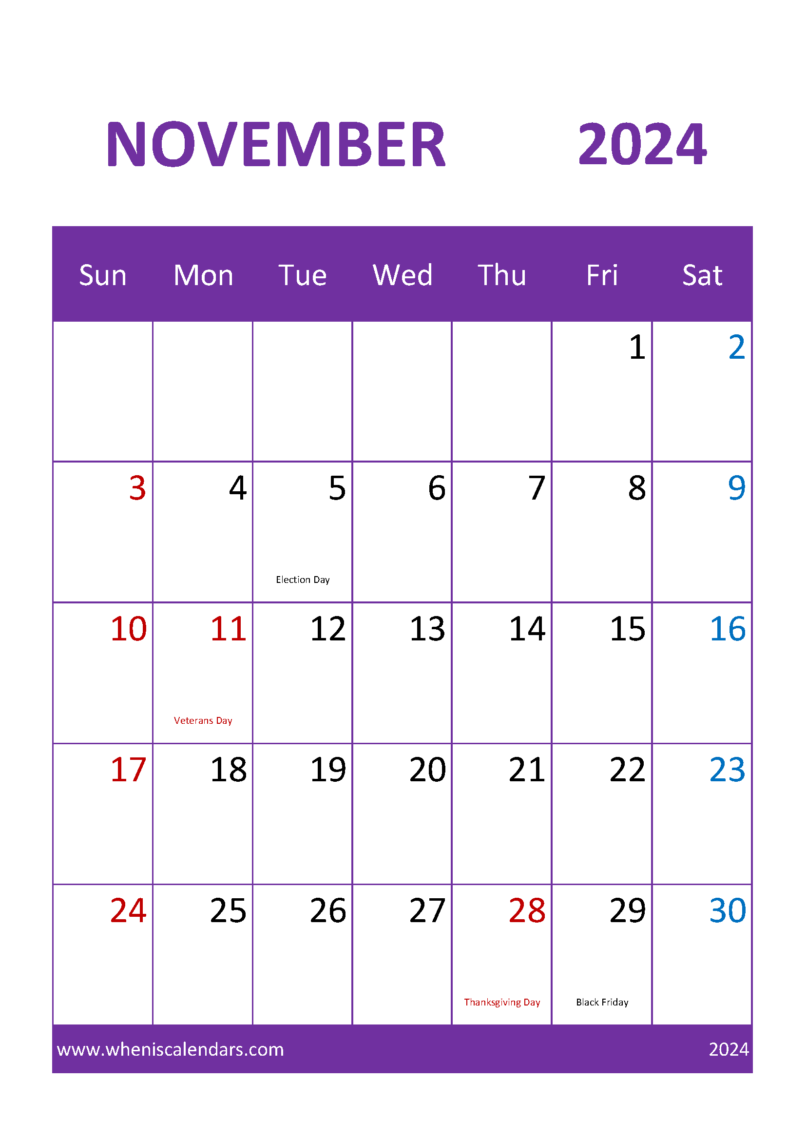 2024 November month Calendar Printable Monthly Calendar
