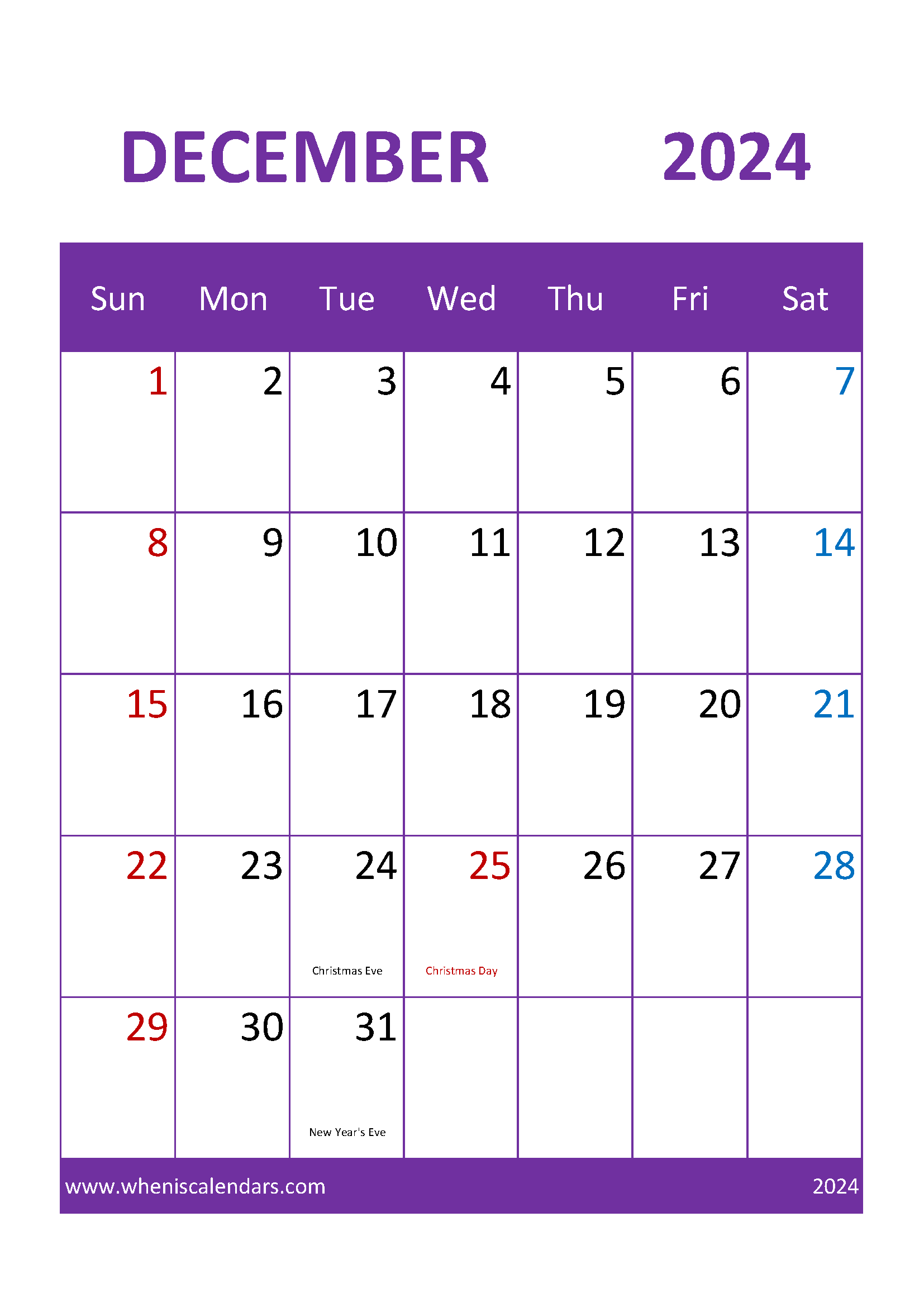 2024 December month Calendar Printable Monthly Calendar