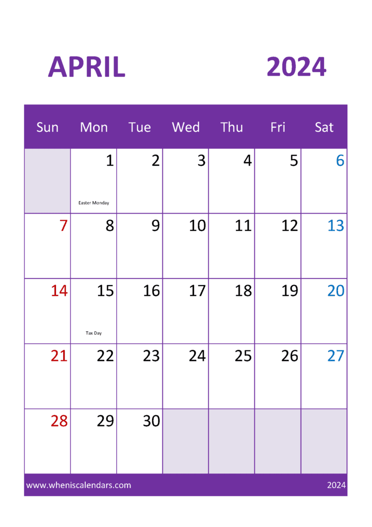 April Calendar template 2024 A44053