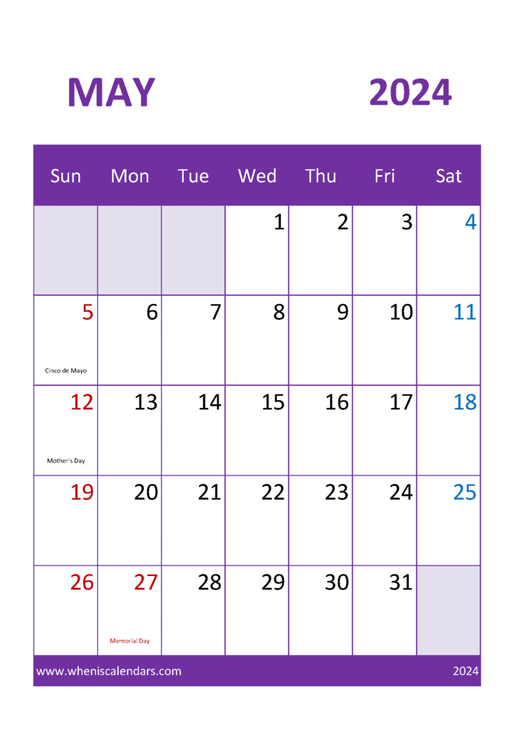 May Calendar template 2024 M54053