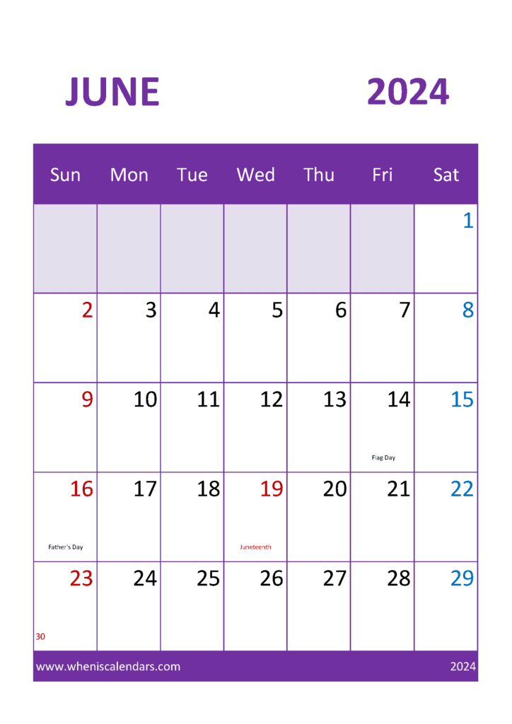 June Calendar Template 2024 J64053