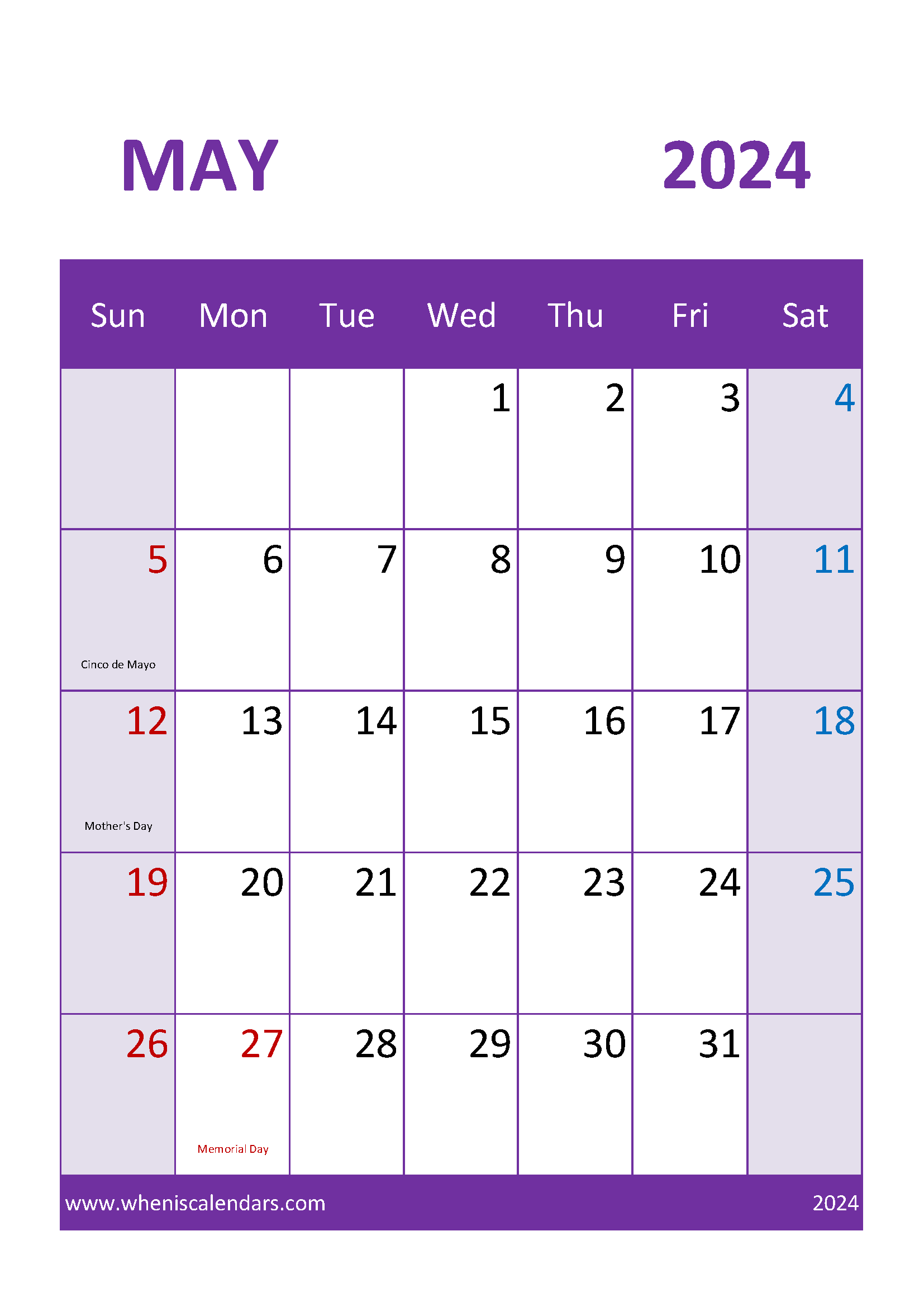 Blank May Calendar Printable 2024 Monthly Calendar