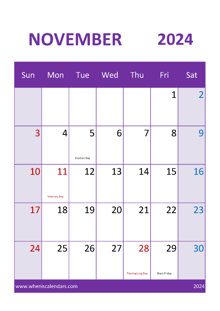 month of November 2024 Printable Calendar Monthly Calendar