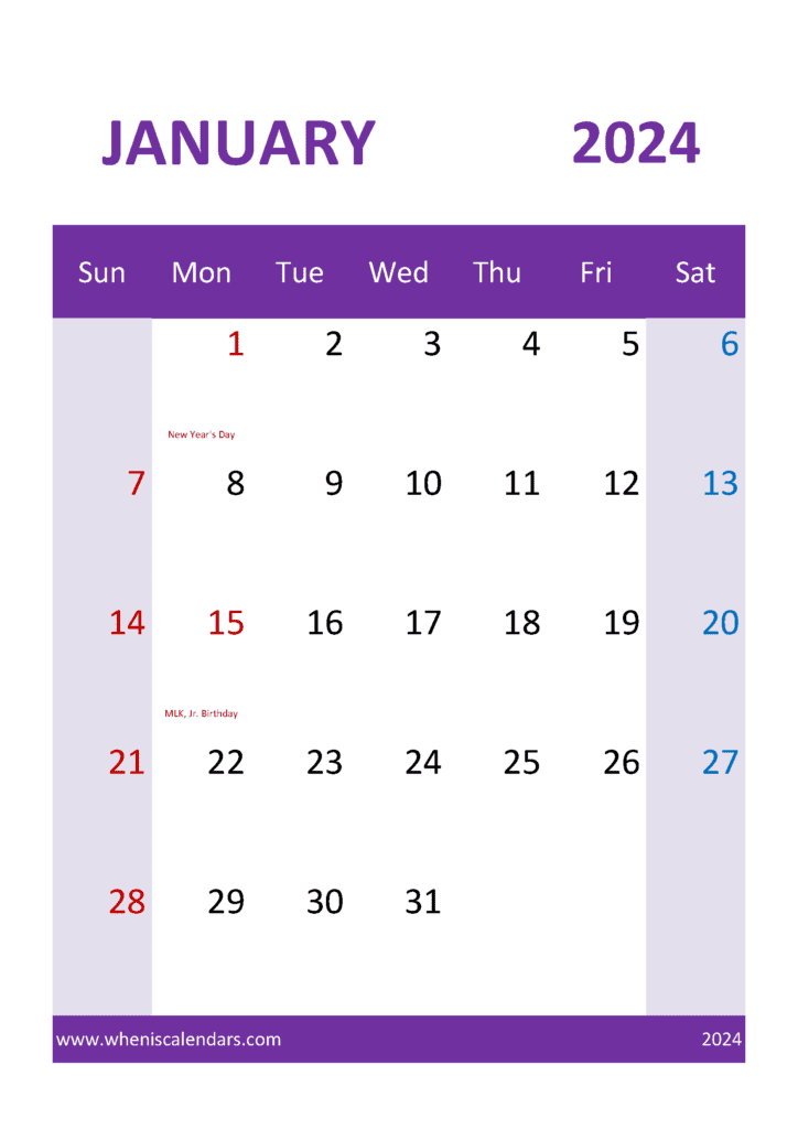 January 2024 Calendar print Monthly Calendar