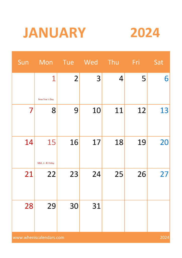 Blank January 2024 Calendar Printable J14056