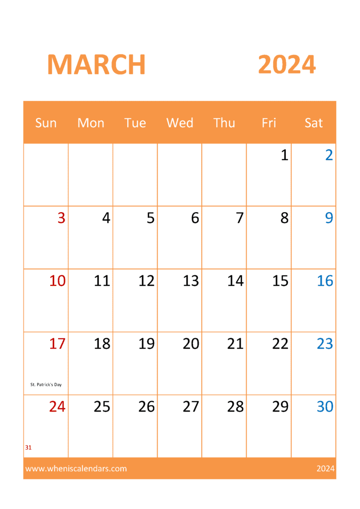 Download March Calendar Blank 2024 A4 Vertical M34336