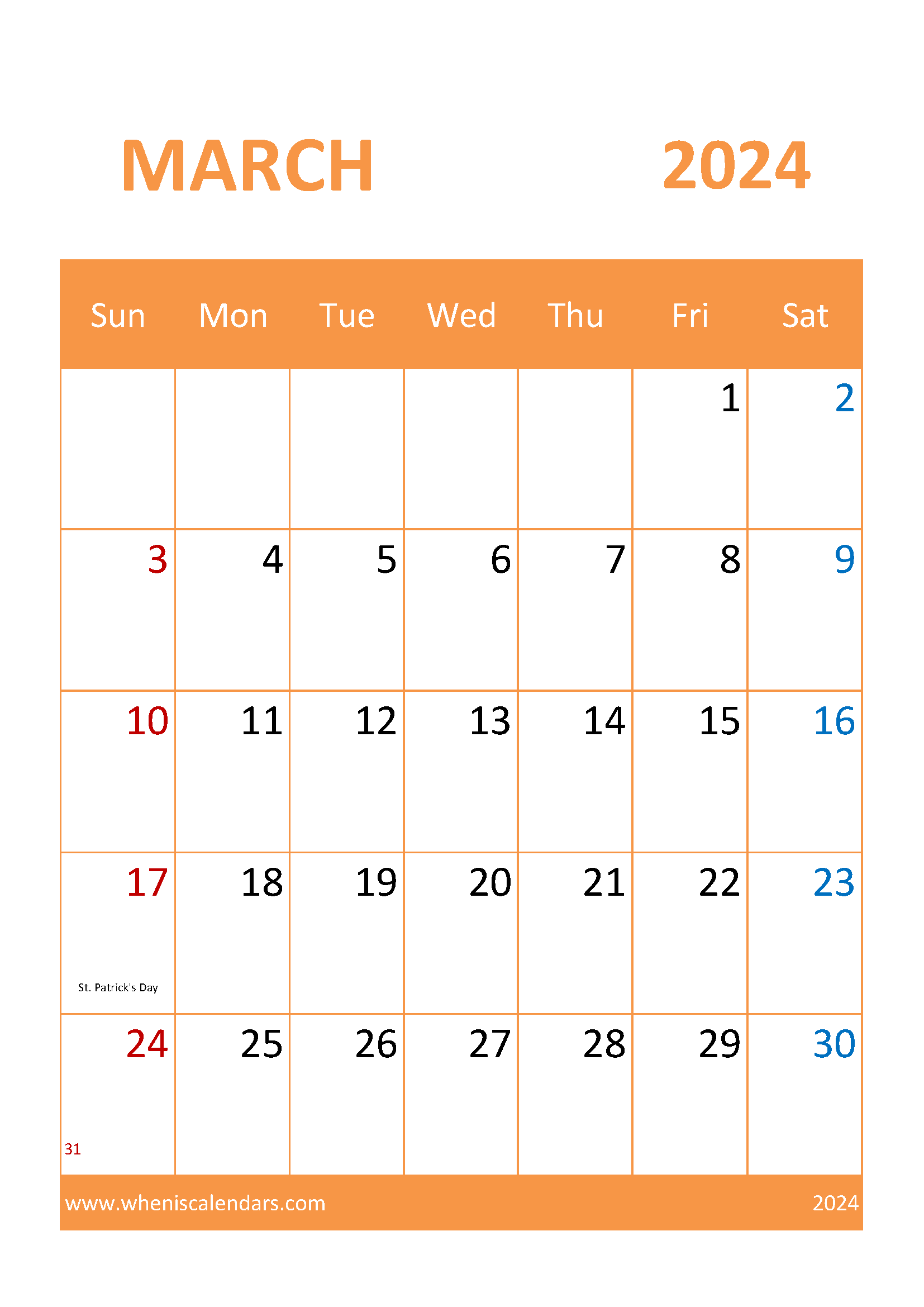 March Calendar Blank 2024 Monthly Calendar