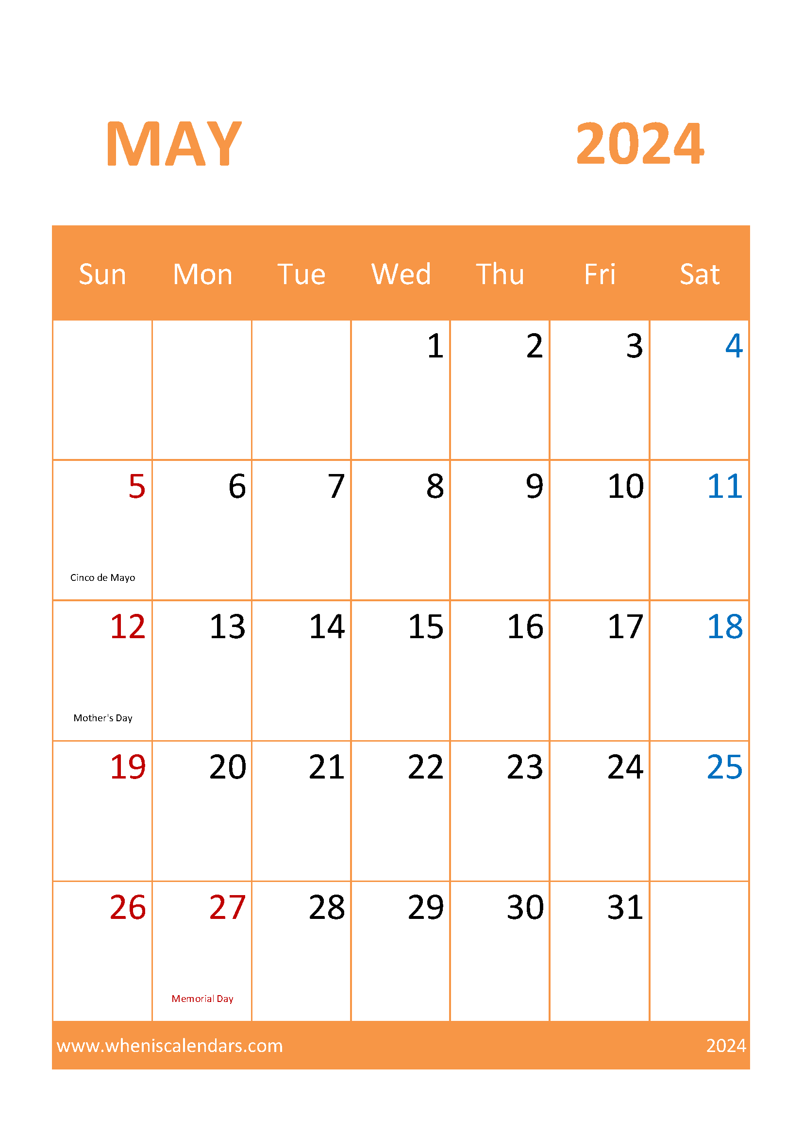 May Calendar Blank 2024 Monthly Calendar