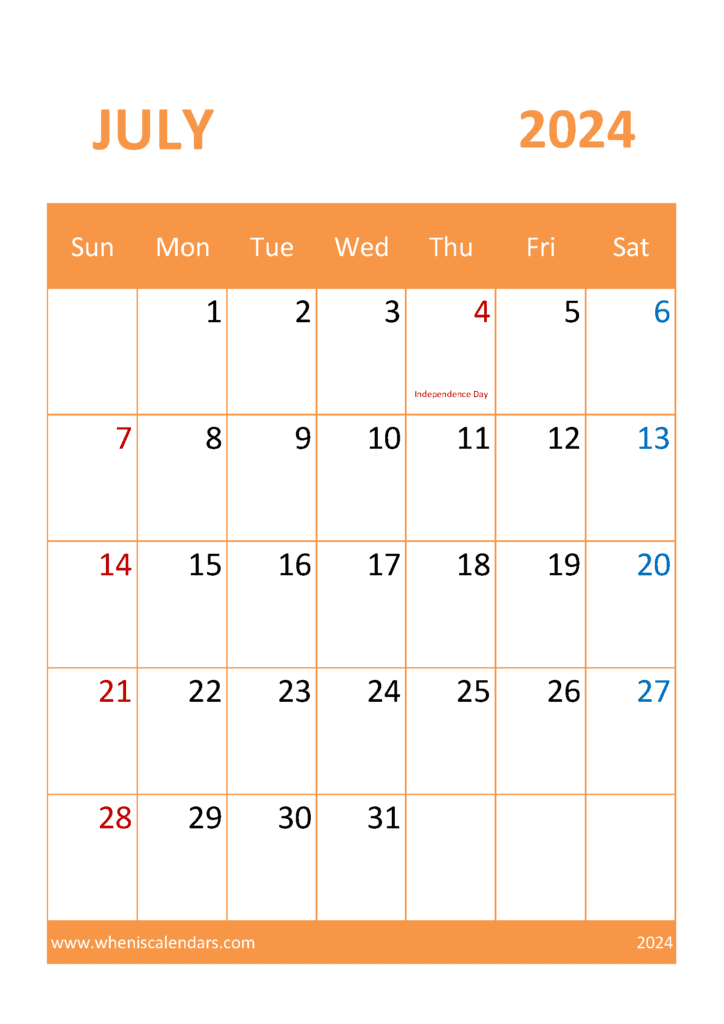 Download July Calendar Blank 2024 A4 Vertical J74336