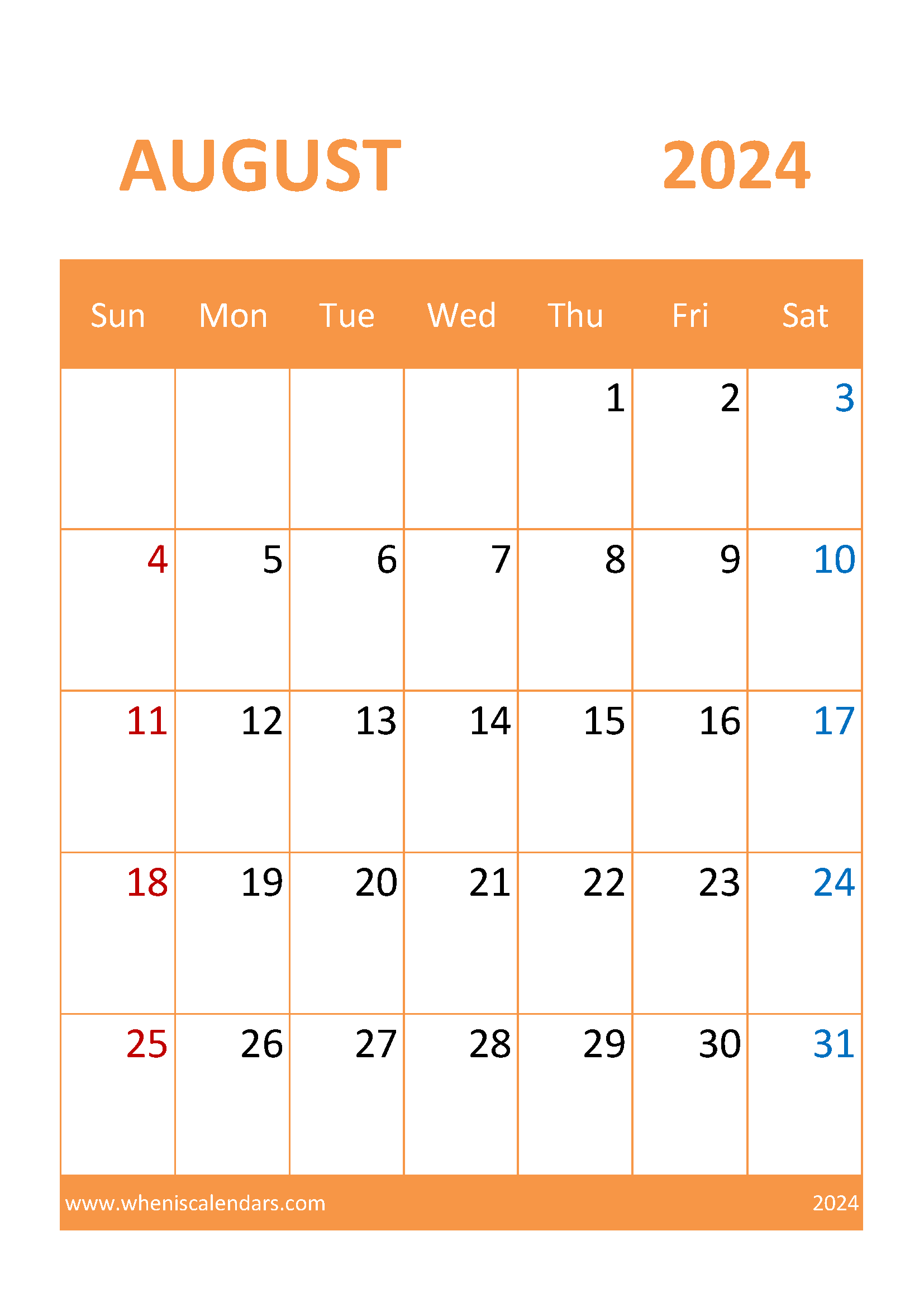 August Calendar Blank 2024 Monthly Calendar