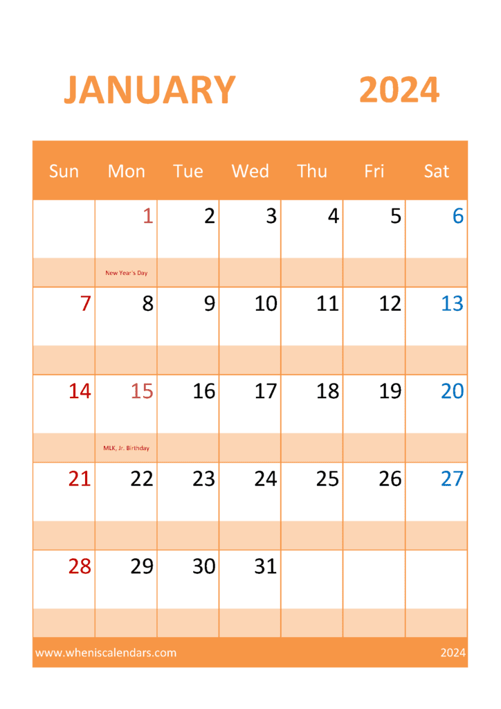 January 2024 Printable month Monthly Calendar