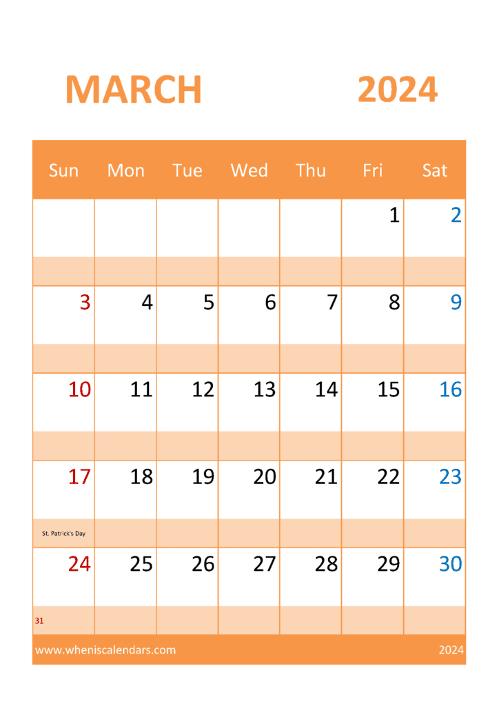 Free March 2024 Printable Calendar M34057