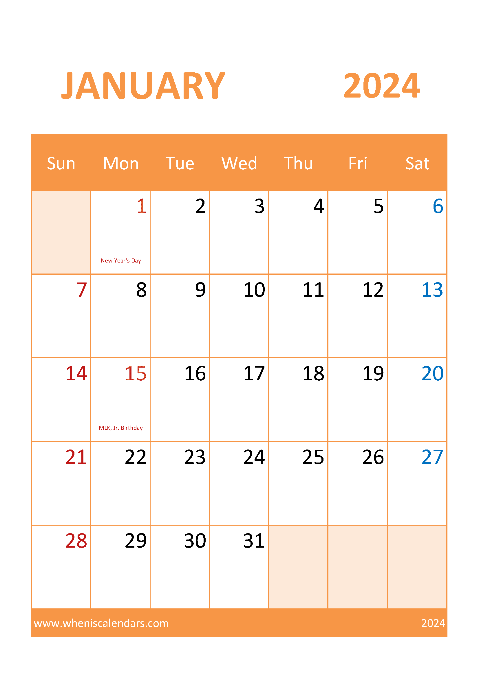 2024 January Calendar Holiday Monthly Calendar