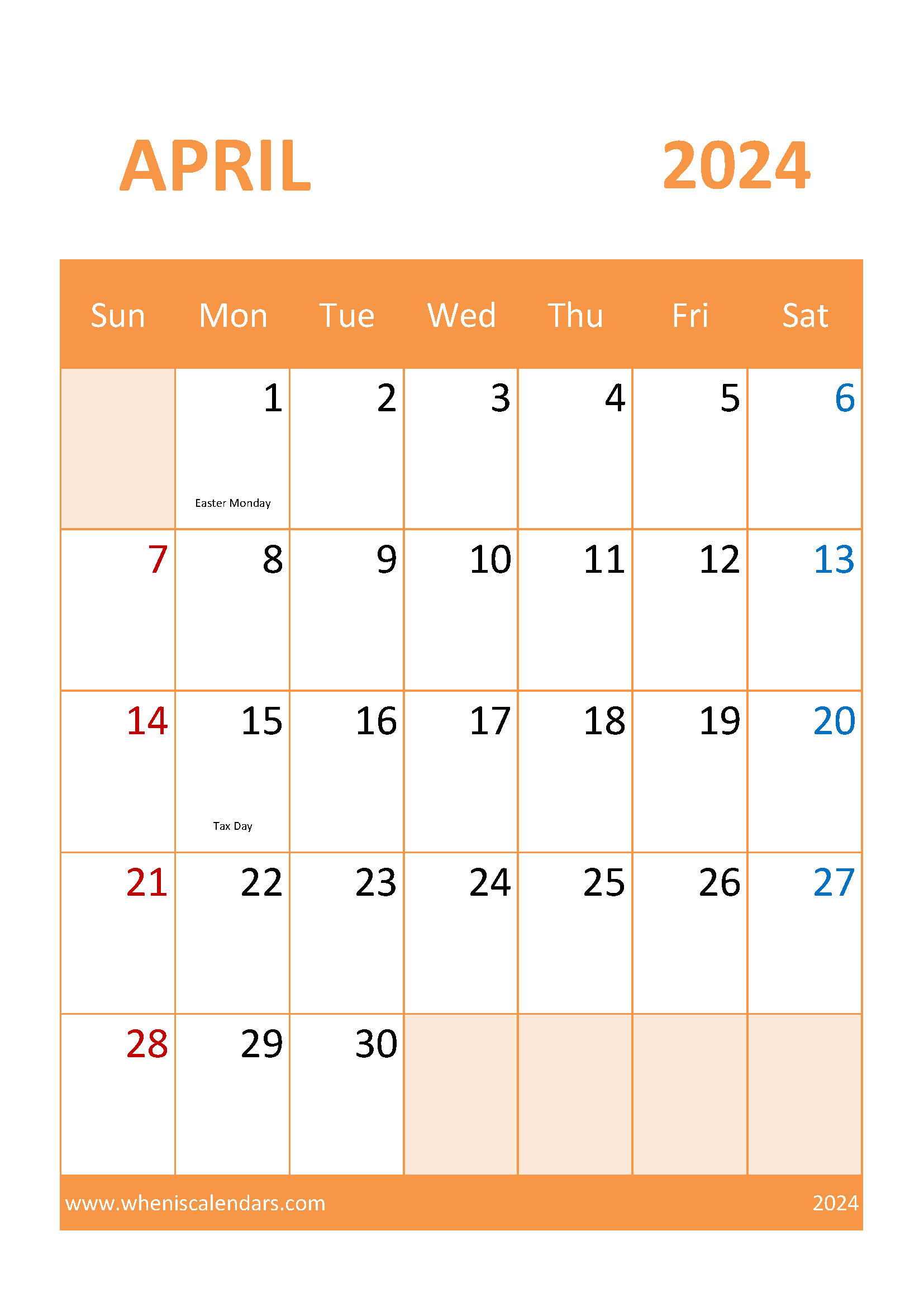 2024 April Calendar Holiday Monthly Calendar