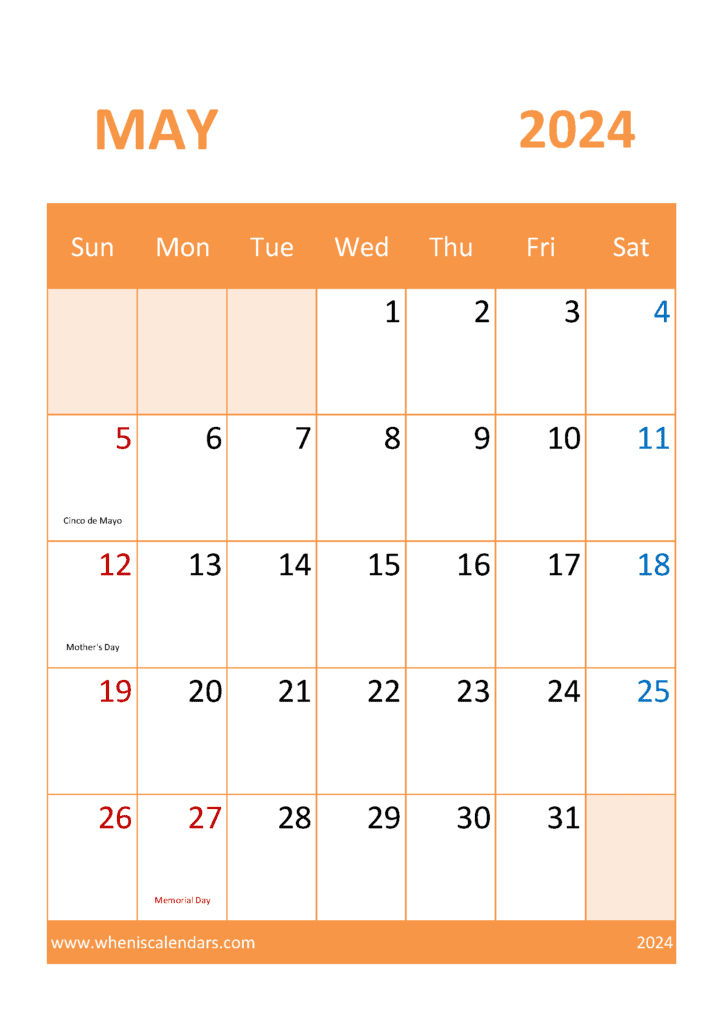 Free printable Calendar May 2024 M54058