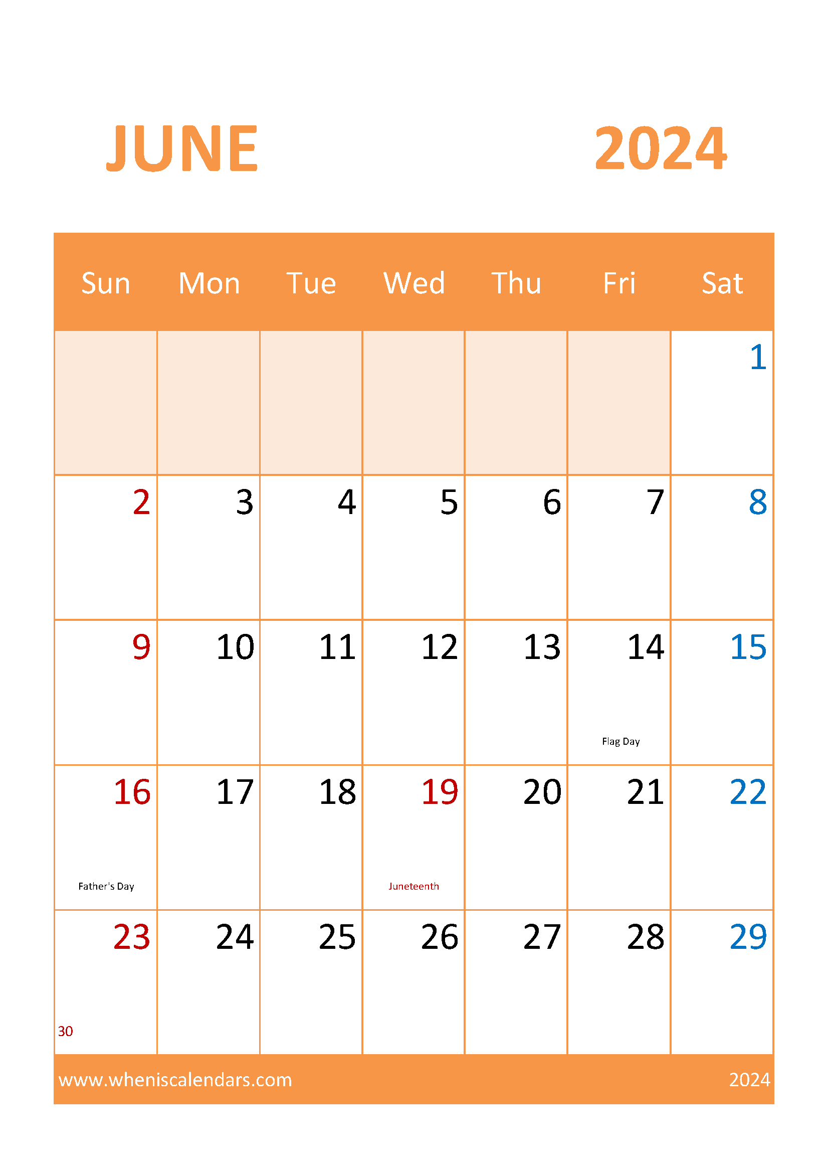 2024 June Calendar Holiday Monthly Calendar