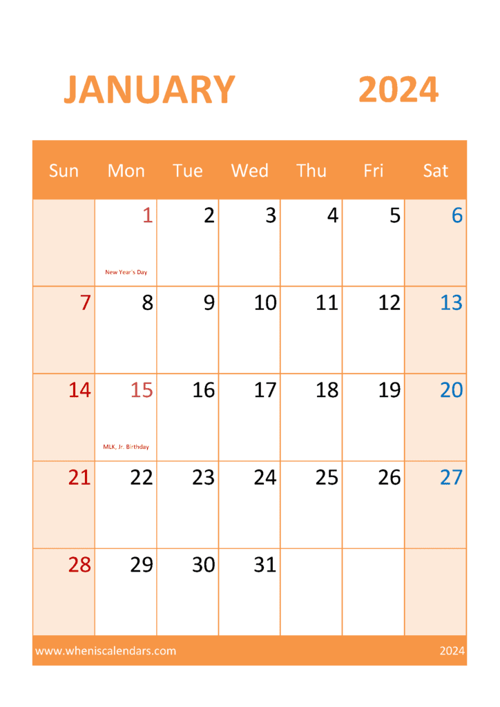 Download January 2024 Calendar horizontal A4 Vertical J4339