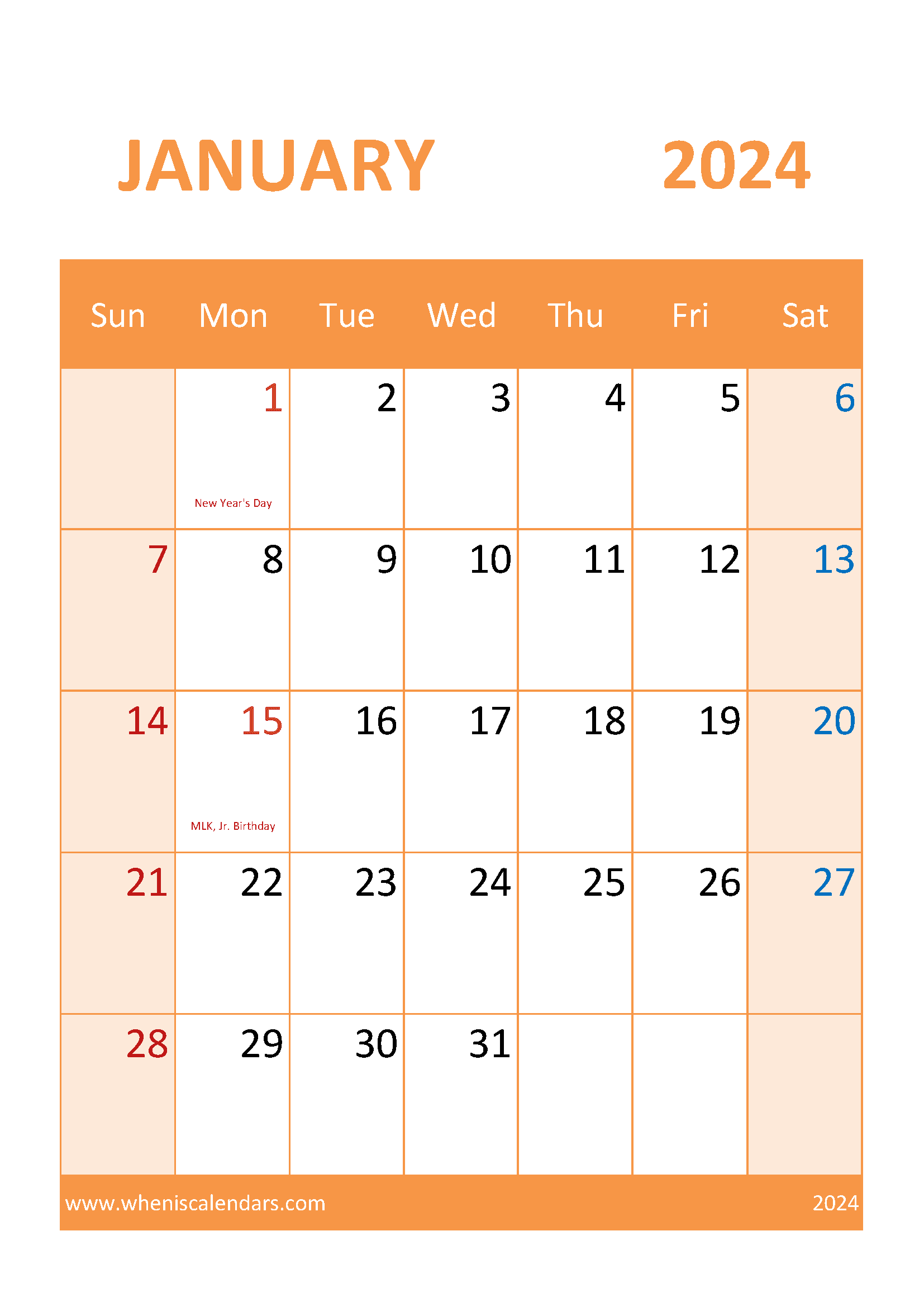 January 2024 Calendar horizontal Monthly Calendar