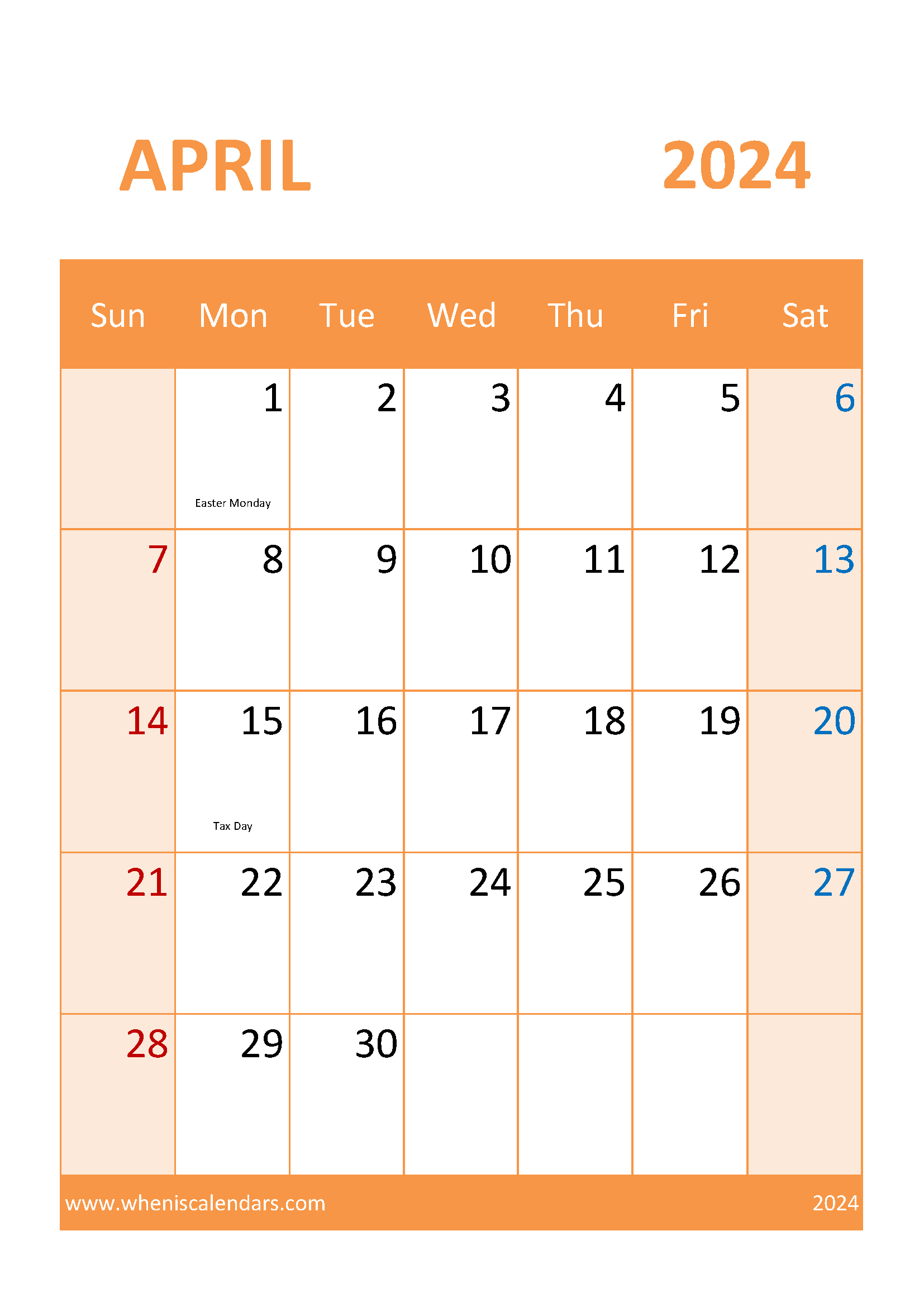 April 2024 Calendar horizontal Monthly Calendar