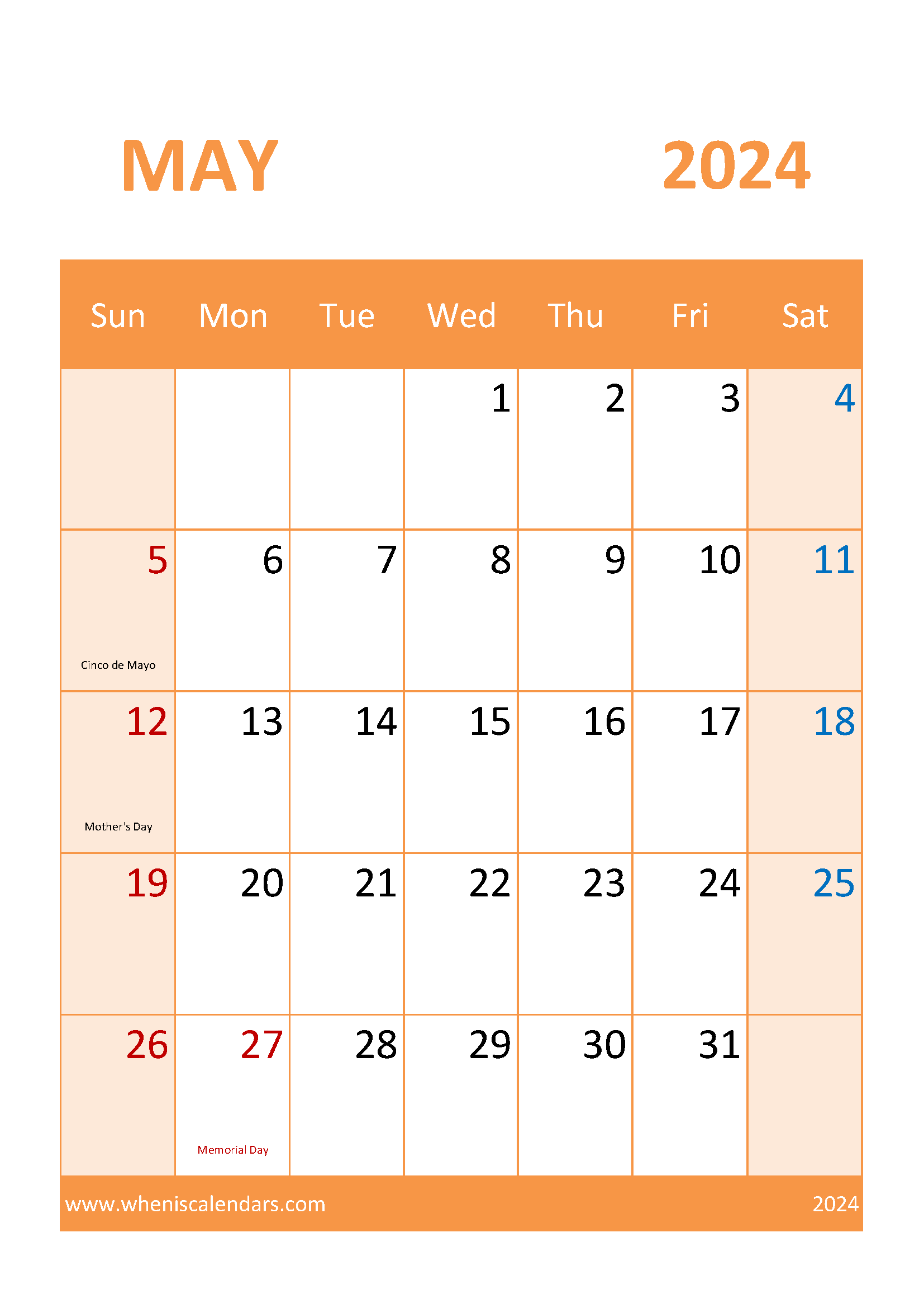 May 2024 Calendar horizontal Monthly Calendar