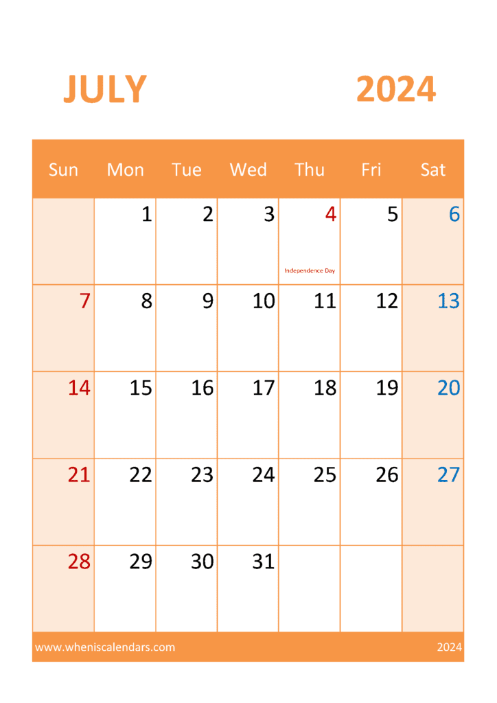 Download July 2024 Calendar horizontal A4 Vertical J74339