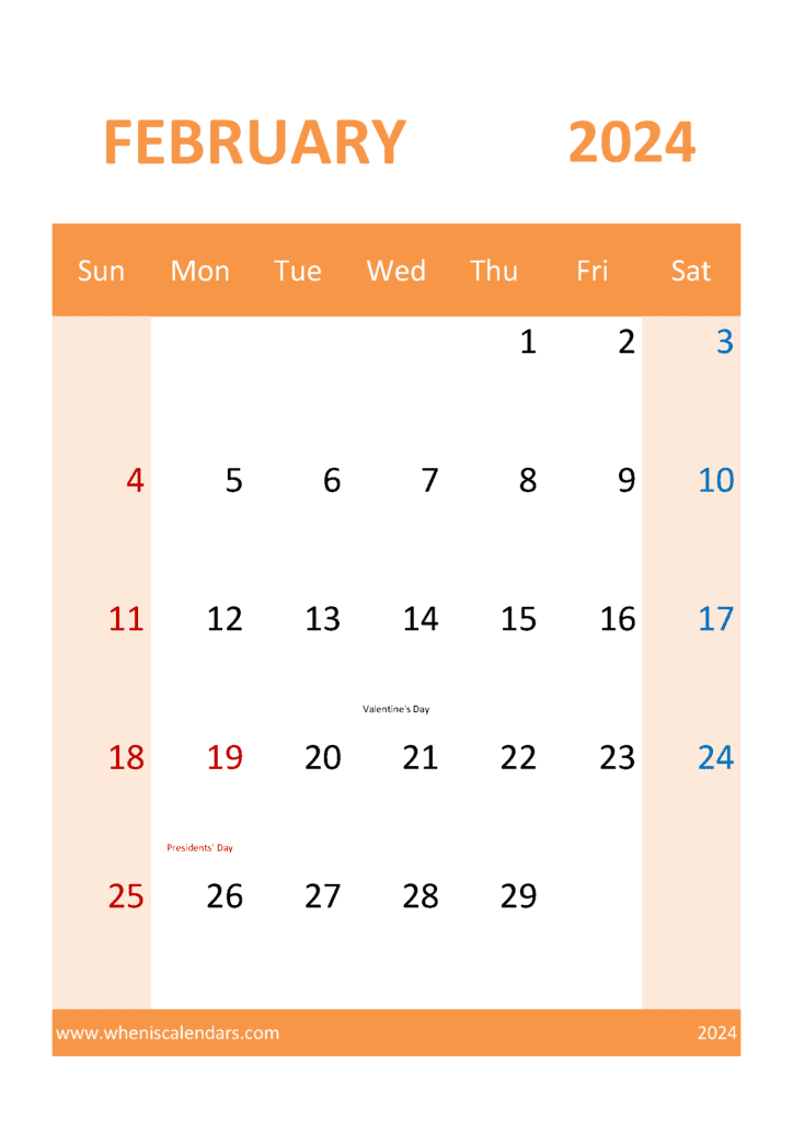 Download February editable Calendar 2024 Free A4 Vertical F4340